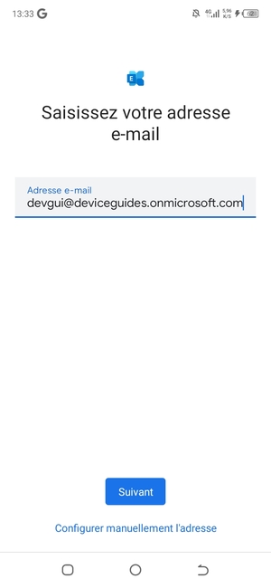 Saisissez votre Adresse e-mail et sélectionnez Configurer manuellement l'adresse