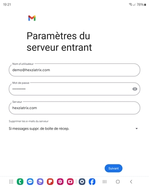 Saisissez votre Nom d'utilisateur et l'adresse du serveur entrant. Sélectionnez Suivant