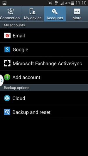 Select Accounts and Backup and reset