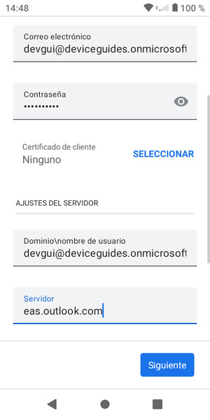 Introduzca Nombre de usuario y la dirección de servidor Exchange. Seleccione Siguiente