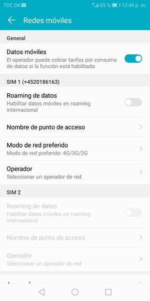 Desplácese a SIM 1 o SIM 2 y seleccione Modo de red preferido