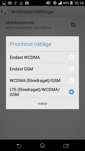 Välj LTE (föredraget)/WCDMA/GSM för att aktivera 4G
