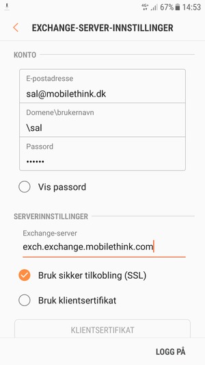 Skriv inn Brukernavn og Exchange serveradresse. Velg LOGG PÅ