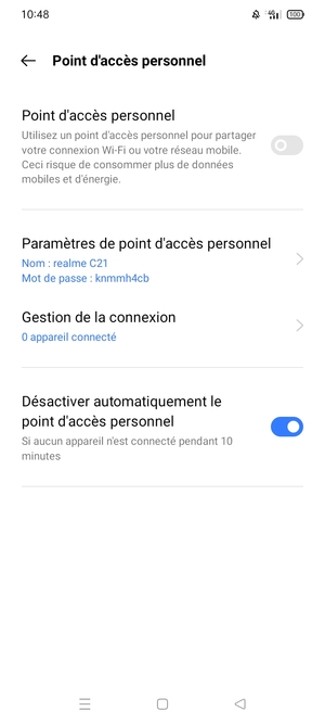 Sélectionnez Paramètres de point d'accès personnel