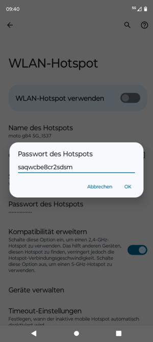 Geben Sie eine WLAN-Hotspot-Passwort mit mindestens 8 Zeichen ein und wählen Sie OK