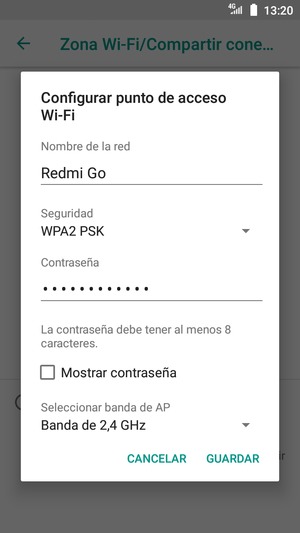 Introduzca una contraseña de punto de acceso Wi-Fi de al menos 8 caracteres y seleccione GUARDAR