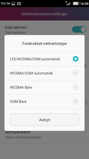 Velg WCDMA/GSM automatisk for å aktivere 3G og LTE/WCDMA/GSM automatisk for å aktivere 4G