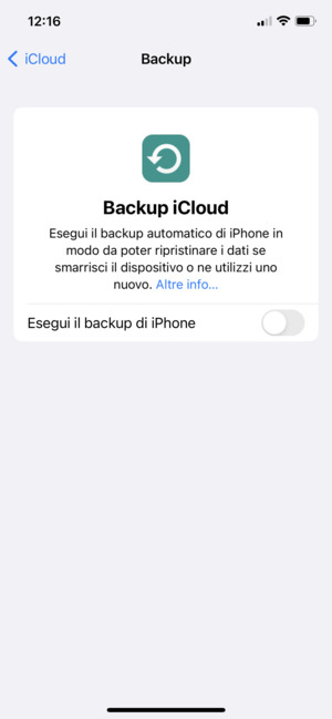 Imposta Backup iCloud su ON