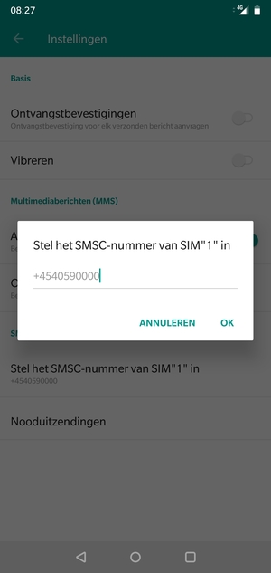 Voer het SMSC-nummer van SIM in en selecteer OK