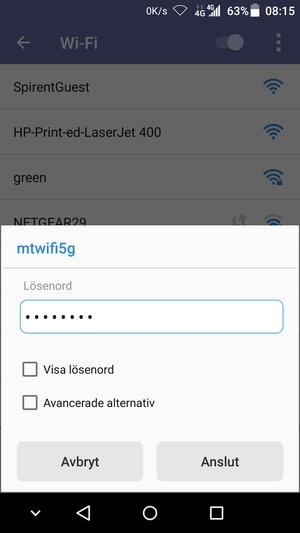 Ange lösenord till Wi-Fi och välj Anslut