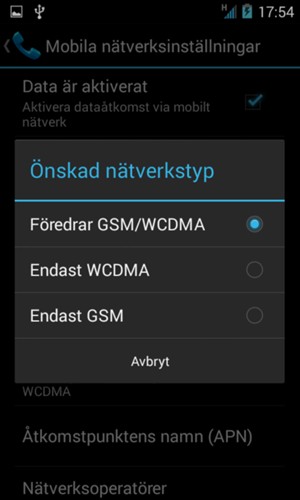 Välj Endast GSM för att aktivera 2G och Föredrar GSM/WCDMA för att aktivera 3G