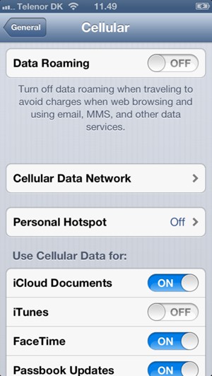 Scroll to and select Cellular Data Network