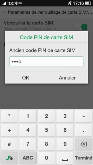 Saisissez votre Ancien code PIN de carte SIM et sélectionnez OK