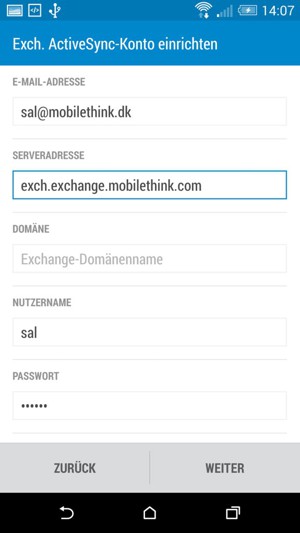 Geben Sie die Exchange Server-Adresse und Benutzername ein. Wählen Sie WEITER