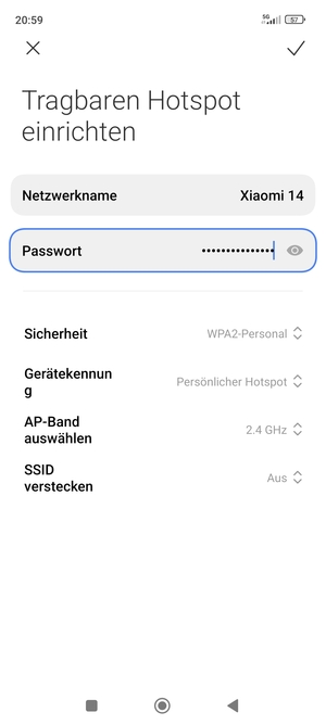 Geben Sie eine WLAN-Hotspot-Passwort mit mindestens 8 Zeichen ein und wählen Sie OK