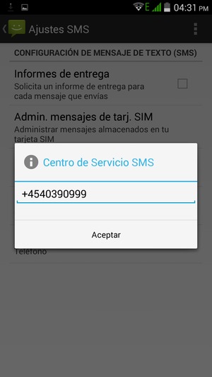Introduzca el número de Centro de Servicio SMS y seleccione Aceptar