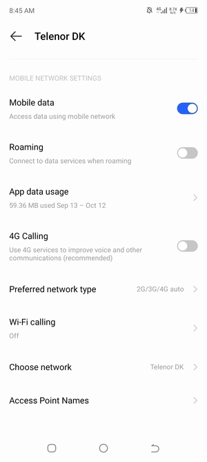 Scroll to and select Preferred network type