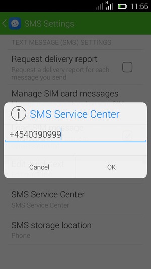 Enter the SMS Service Center number and select OK