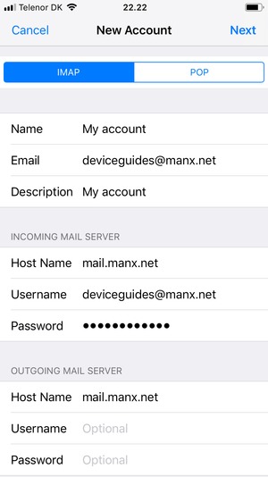 Enter email information for OUTGOING MAIL SERVER and select Next