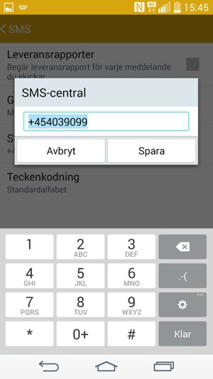 Ange SMS-central-numret och välj Spara