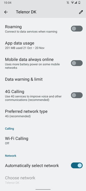 Scroll to and select Preferred network type