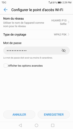 Saisissez un mot de passe de hotspot Wi-Fi d'au moins 8 caractères et sélectionnez ENREGISTRER