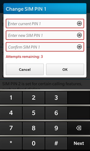 Enter your Current and New SIM PIN. Confirm the New SIM PIN and select OK