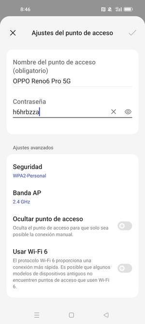 Introduzca una contraseña de punto de acceso Wi-Fi de al menos 8 caracteres y seleccione Aceptar