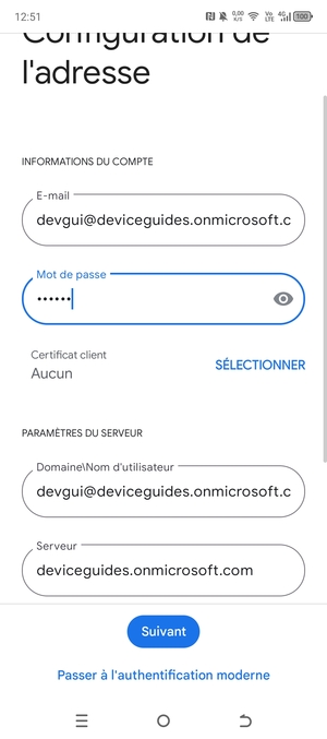 Saisissez votre Nom d'utilisateur et l'adresse du serveur Exchange. Sélectionnez Suivant