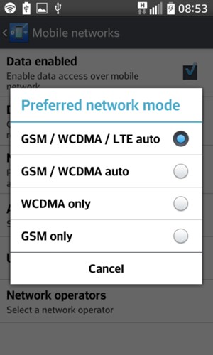 Select GSM /WCDMA auto to enable 3G and GSM / WCDMA / LTE auto to enable 4G