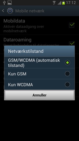 Vælg Kun GSM for at aktivere 2G og GSM/WCDMA (automatisk tilstand) for at aktivere 3G