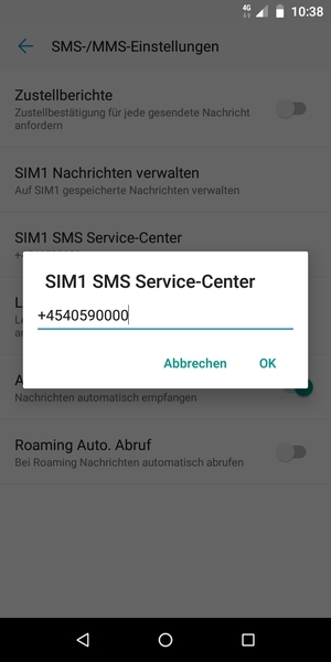 Geben Sie die SIM SMS Service-Center Nummer ein und wählen Sie OK