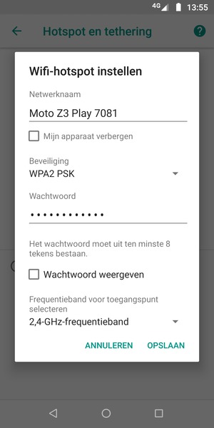 Voer een wachtwoord van een WiFi-hotspot in van ten minste 8 tekens en selecteer OPSLAAN