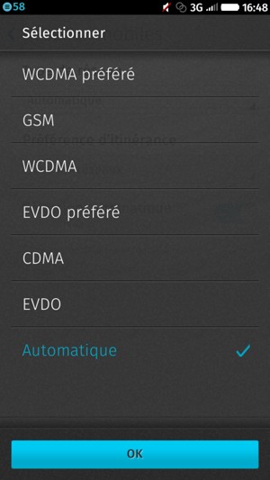 Sélectionnez GSM pour activer la 2G et WCDMA (préféré) pour activer la 3G