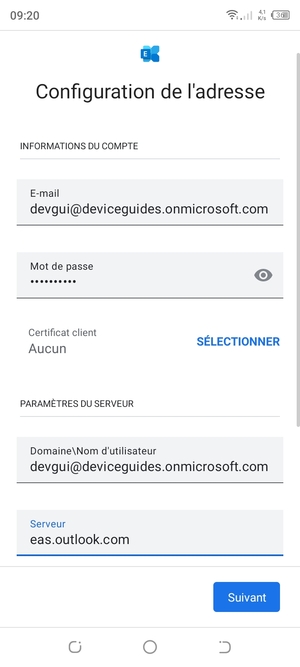 Saisissez votre Nom d'utilisateur et l'adresse du serveur Exchange. Sélectionnez Suivant