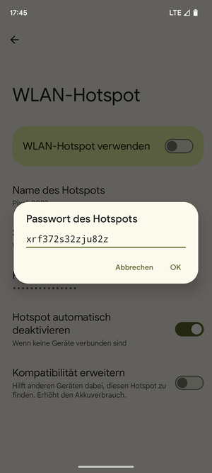 Geben Sie eine WLAN-Hotspot-Passwort mit mindestens 8 Zeichen ein und wählen Sie OK