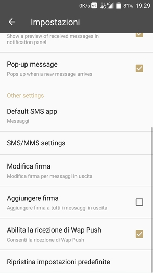 Scorri e seleziona SMS/MMS settings