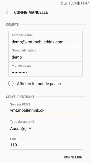 Saisissez votre Nom d'utilisateur et l'adresse du serveur entrant