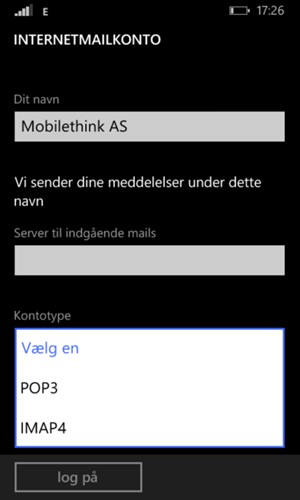 Vælg Kontotype og vælg POP3 eller IMAP4