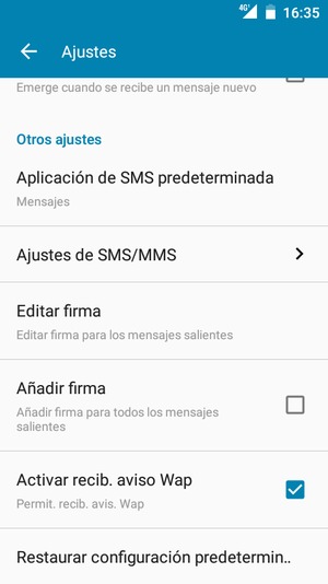Desplácese y seleccione Ajustes de SMS/MMS