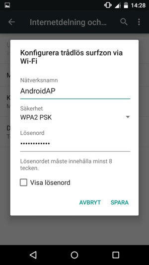 Ange ett lösenord för Wi-Fi-hotspoten, bestående av minst 8 tecken och välj SPARA