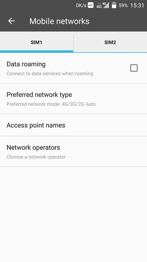 Select SIM1 or SIM2 and select Preferred network type