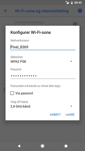 Skriv inn et Wi-Fi hotspot-passord på minst 8 tegn og velg LAGRE