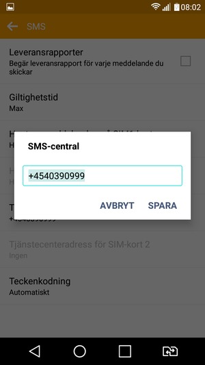 Ange SMS-central-numret och välj SPARA