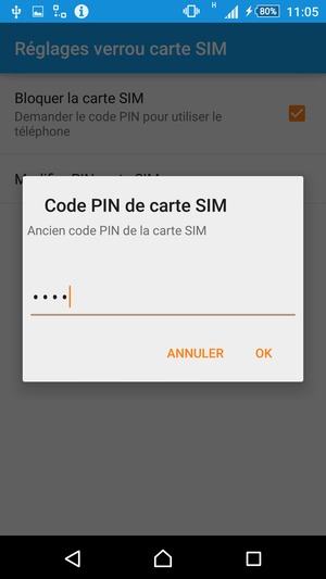 Saisissez l'Ancien code PIN  de la carte SIM et sélectionnez OK