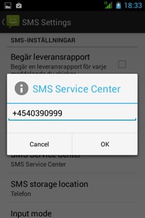 Ange SMS Service Center-numret och välj OK