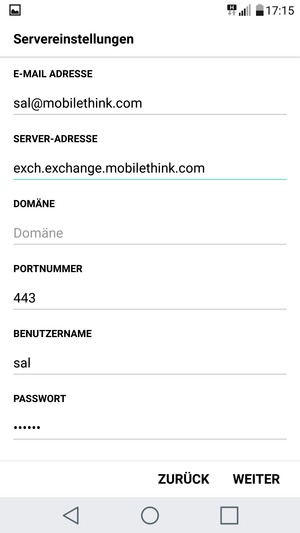 Geben Sie Exchange Server-Adresse und Benutzername ein. Wählen Sie WEITER