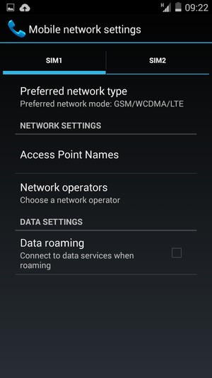Select SIM1 or SIM2 and select Access Point Names