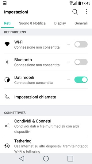 Seleziona Reti e Tethering