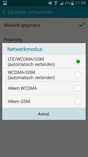 Selecteer WCDMA/GSM (automatisch verbinden) om 3G in te schakelen en LTE/WCDMA/GSM (autotisch verbinden) om 4G in te schakelen